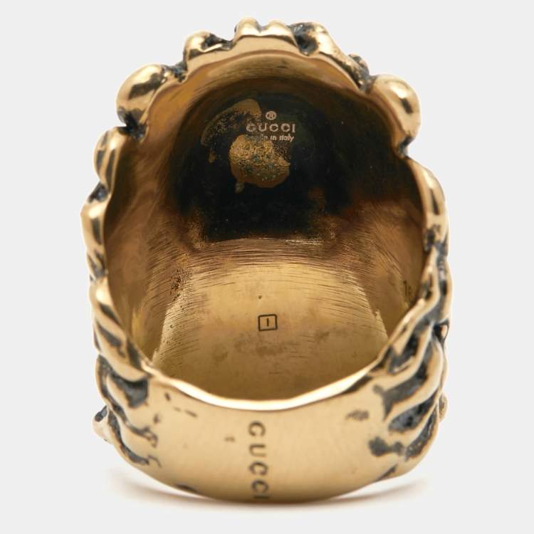 Pre Owned Gucci Lion Crystal Aged Gold Finish Ring Size 56