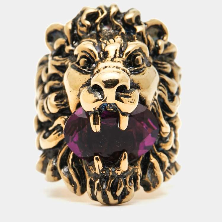 Pre Owned Gucci Lion Crystal Aged Gold Finish Ring Size 56