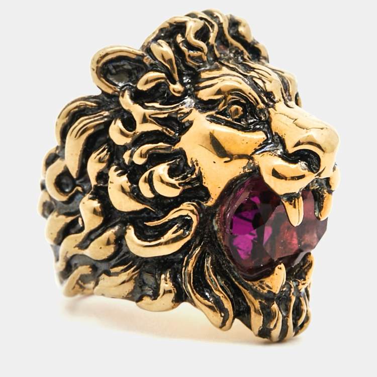 Pre Owned Gucci Lion Crystal Aged Gold Finish Ring Size 56