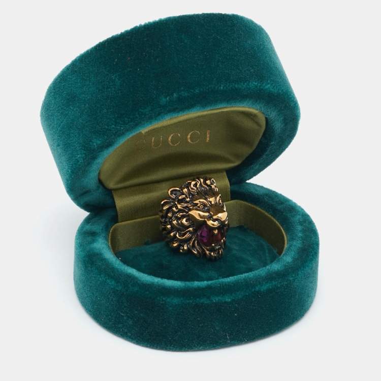 Pre Owned Gucci Lion Crystal Aged Gold Finish Ring Size 56
