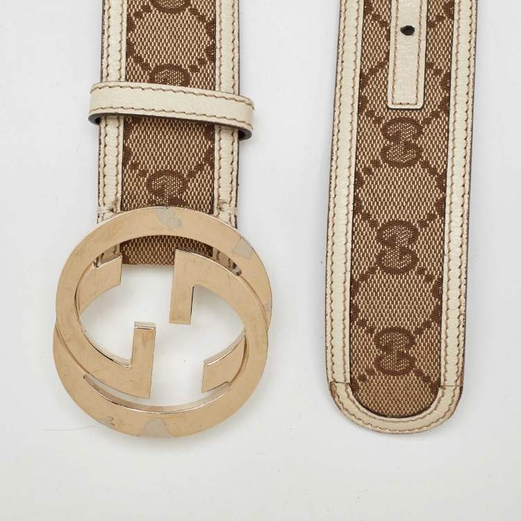 Pre Owned Gucci Beige GG Canvas and Leather Interlocking G Buckle Belt 95CM