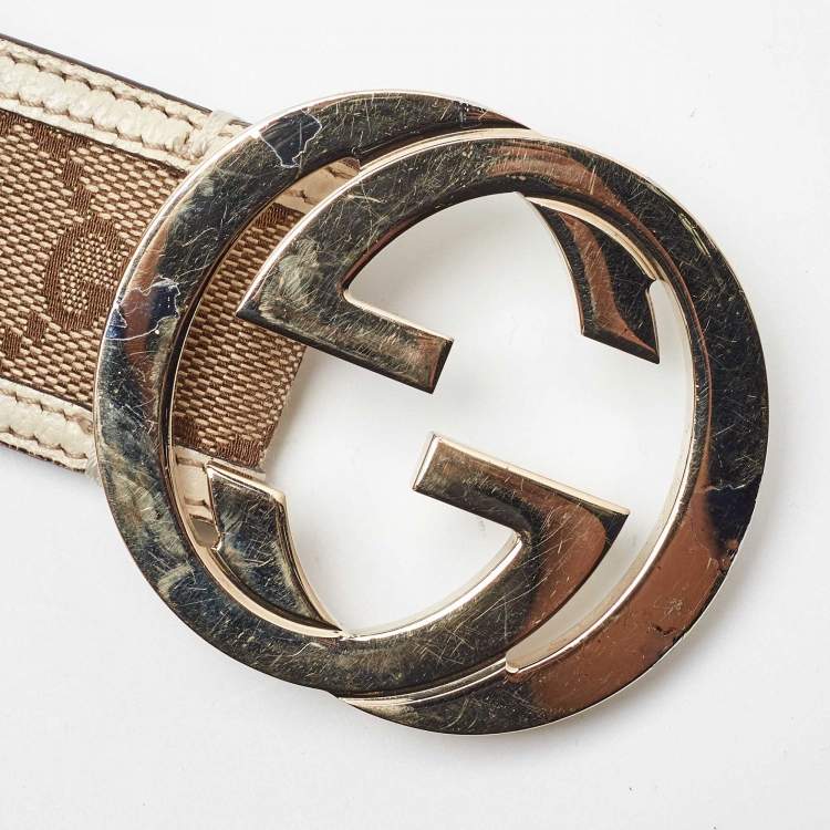Pre Owned Gucci Beige GG Canvas and Leather Interlocking G Buckle Belt 95CM