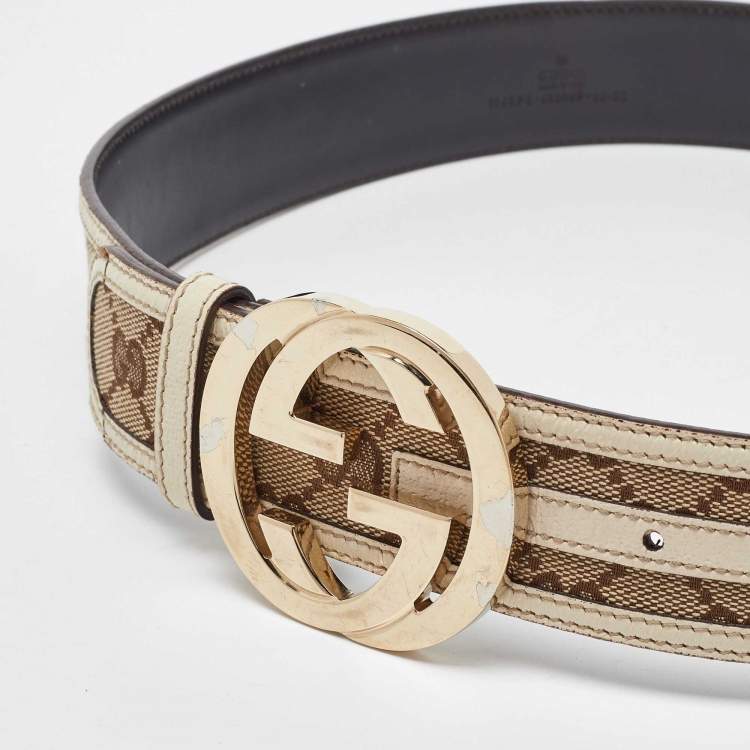 Pre Owned Gucci Beige GG Canvas and Leather Interlocking G Buckle Belt 95CM