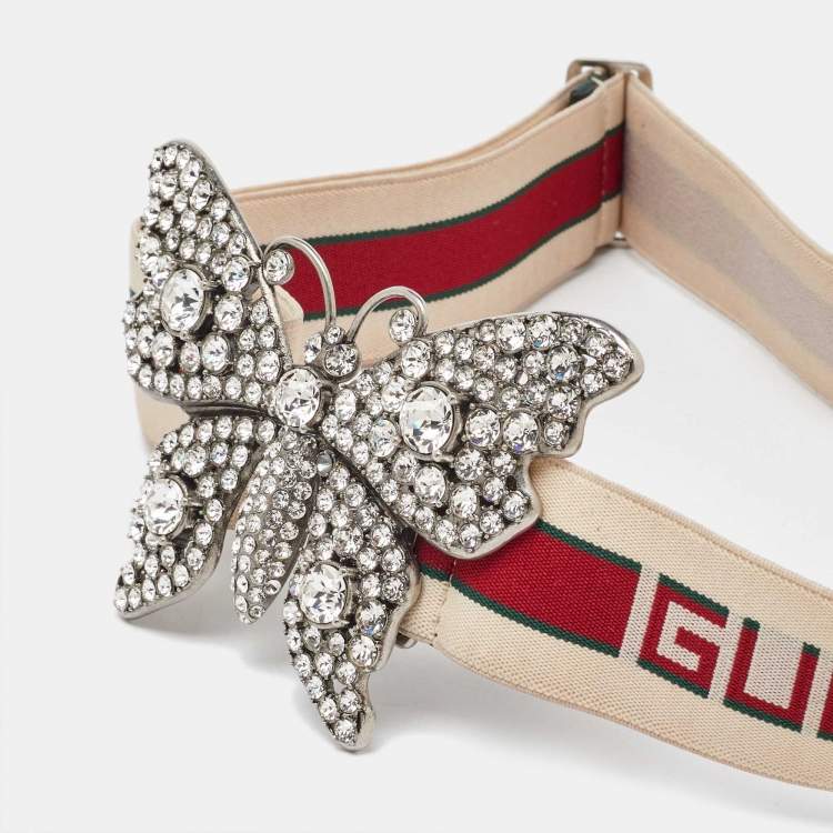 Pre Owned Gucci Beige Elastic Band Crystal Embellished Butterfly Buckle Belt 85CM