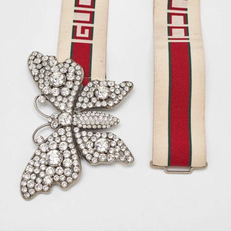 Pre Owned Gucci Beige Elastic Band Crystal Embellished Butterfly Buckle Belt 85CM