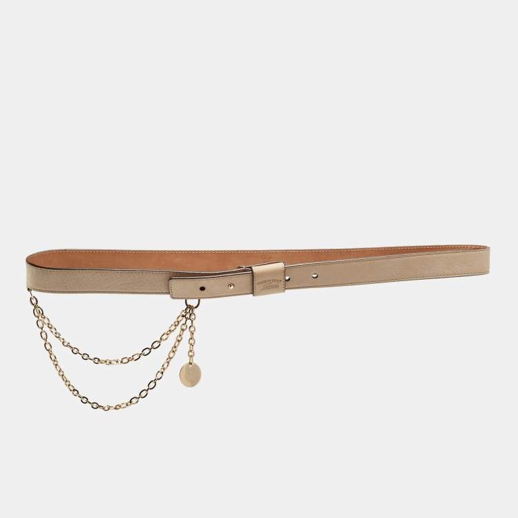 Pre Owned Gucci Light Beige Nubuck Leather Chain Detail Waist Belt 90CM
