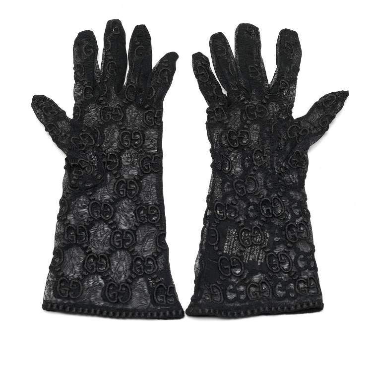 Pre Owned Gucci Black GG Embroidered Tulle Gloves L