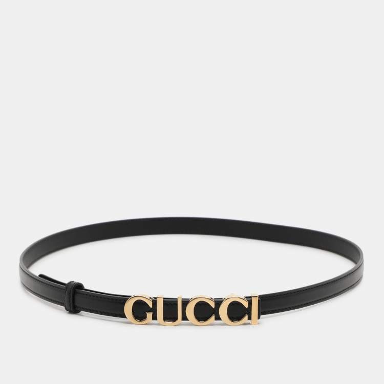 Pre Owned Gucci Black Leather Gucci Buckle Belt 85CM