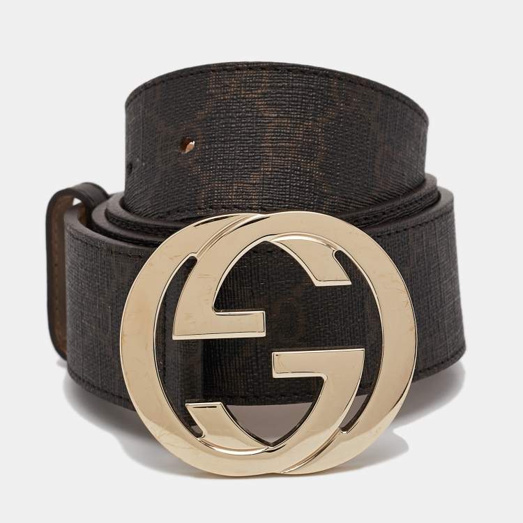 Pre Owned Gucci Dark Brown GG Supreme Canvas Interlocking G Buckle Belt 95CM