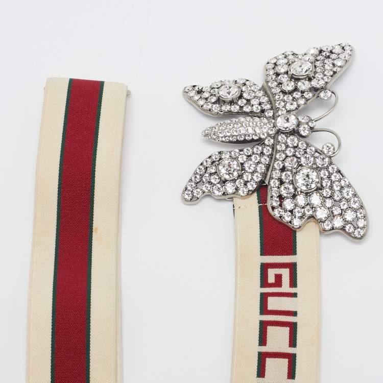 مملوكة مسبقًا Gucci White/Red Elastic Band Butterfly Crystals Belt 95CM