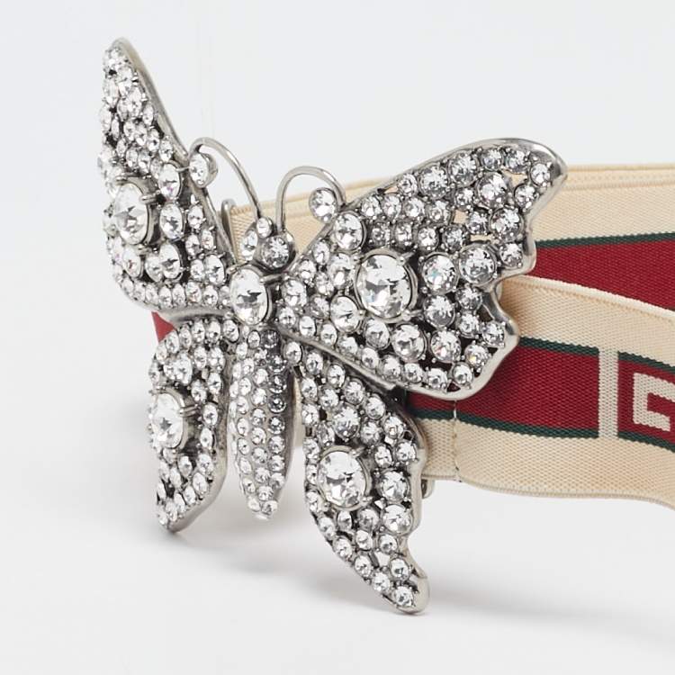 مملوكة مسبقًا Gucci White/Red Elastic Band Butterfly Crystals Belt 95CM