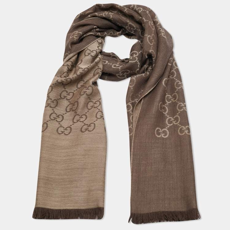 Pre Owned Gucci Brown GG Jacquard Wool Blend Scarf 