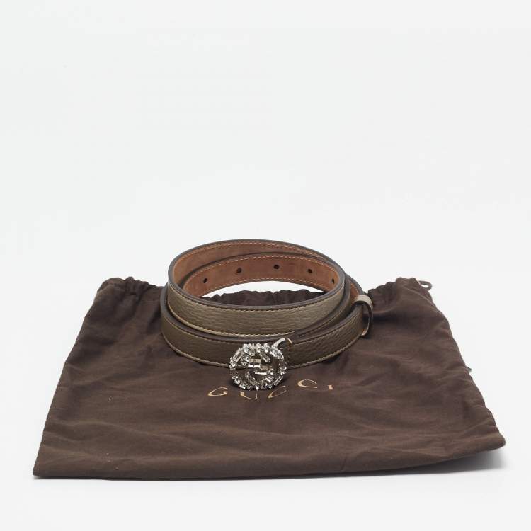 Pre Owned Gucci Gold Leather Crystal Embellished Interlocking G Buckle Belt 90CM