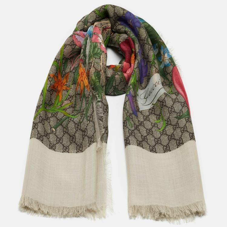 Pre Owned Gucci Beige Floral Print GG Wool & Silk Scarf