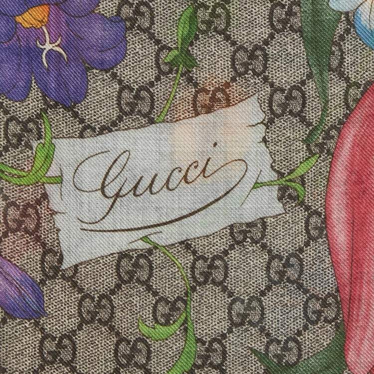 Pre Owned Gucci Beige Floral Print GG Wool & Silk Scarf