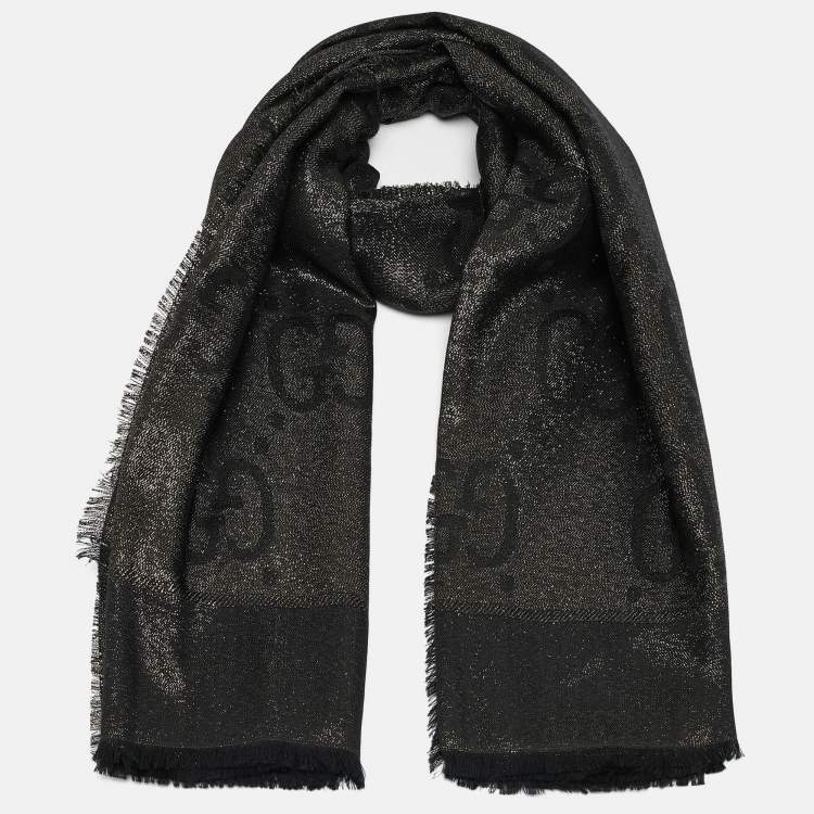 مملوكة مسبقًا Gucci Metallic Black GG Wool Blend Scarf