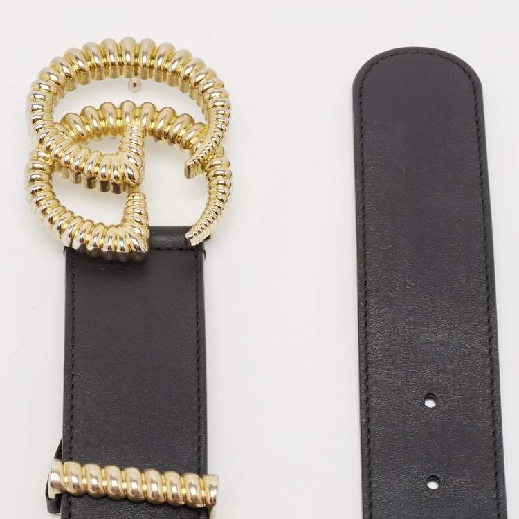 Pre Owned Gucci Black Leather Torchon Double G Buckle Belt 90 CM