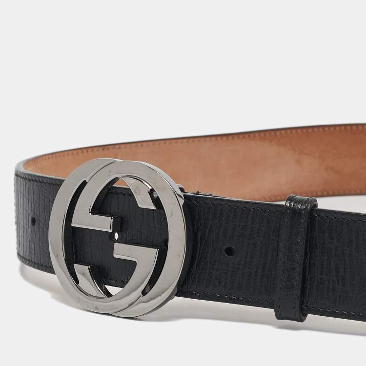 Pre Owned Gucci Black Web Canvas and Leather Interlocking G Buckle Belt 90CM