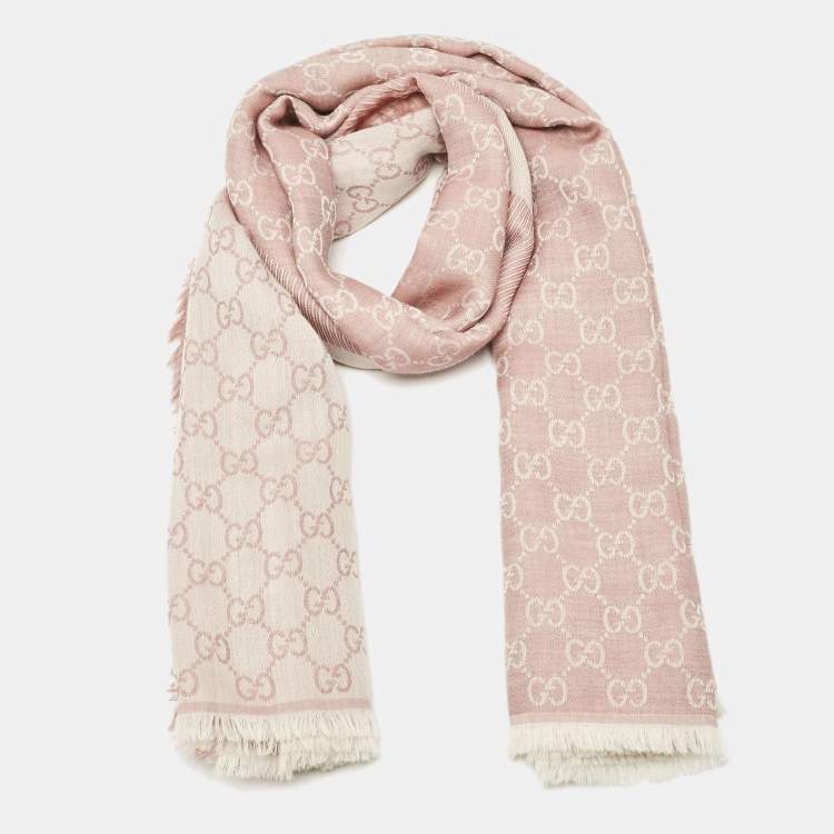 Pre Owned Gucci Rose and Ivory Guccissima Jacquard Fringed Outlet Shawl