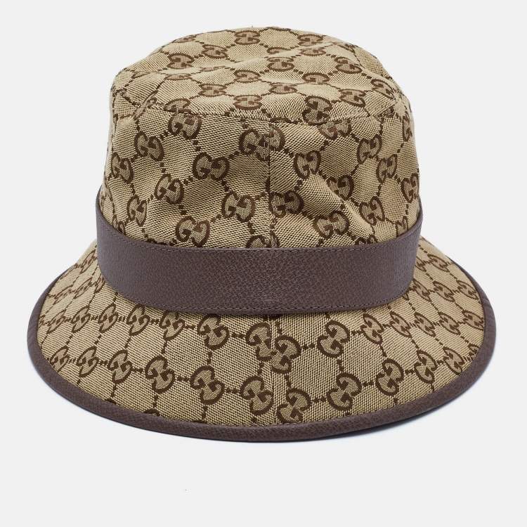 Pre Owned Gucci Brown GG Cotton Canvas and Leather Bucket Hat S