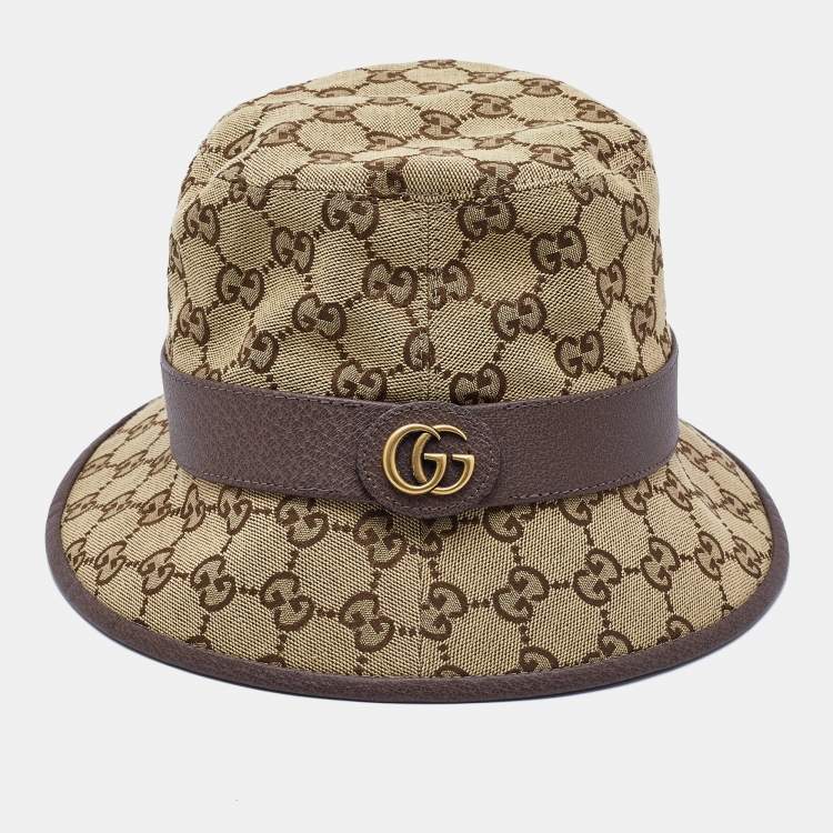 Pre Owned Gucci Brown GG Cotton Canvas and Leather Bucket Hat S