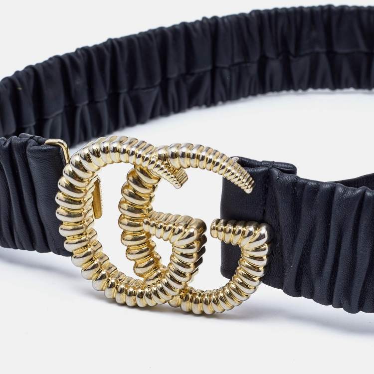مملوكة مسبقًا Gucci Black Elastic Leather GG Marmont Torchon Buckle Belt 80CM