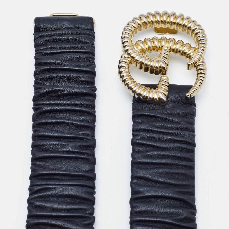 مملوكة مسبقًا Gucci Black Elastic Leather GG Marmont Torchon Buckle Belt 80CM