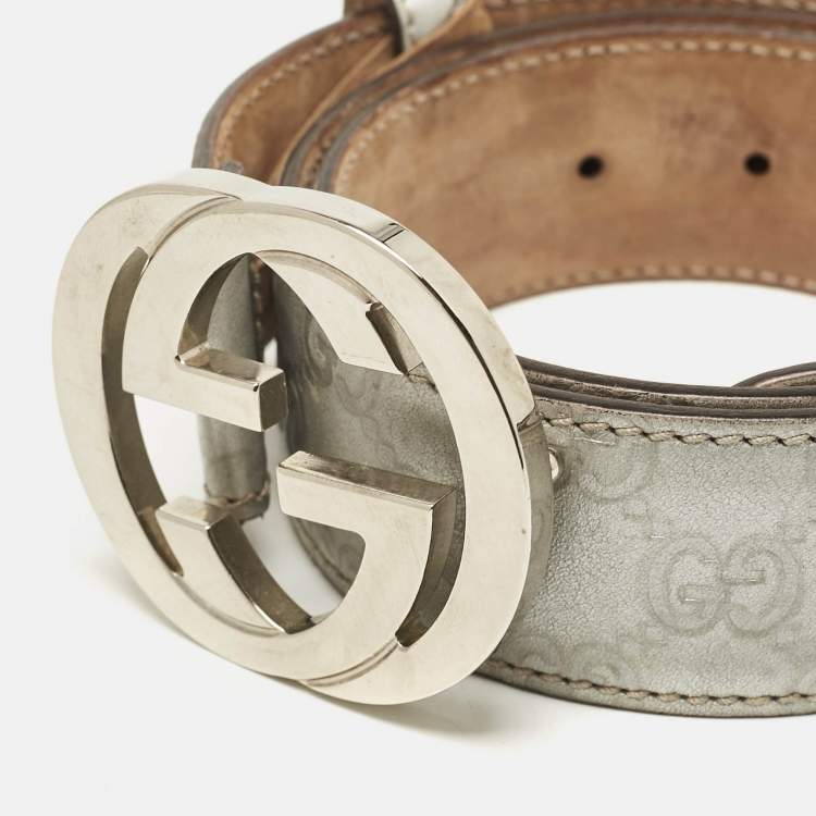 Pre Owned Gucci Silver Guccissima Leather Interlocking G Buckle Belt 85 CM