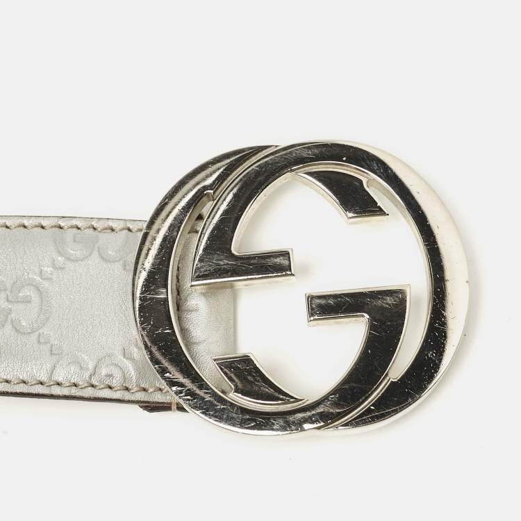 Pre Owned Gucci Silver Guccissima Leather Interlocking G Buckle Belt 85 CM