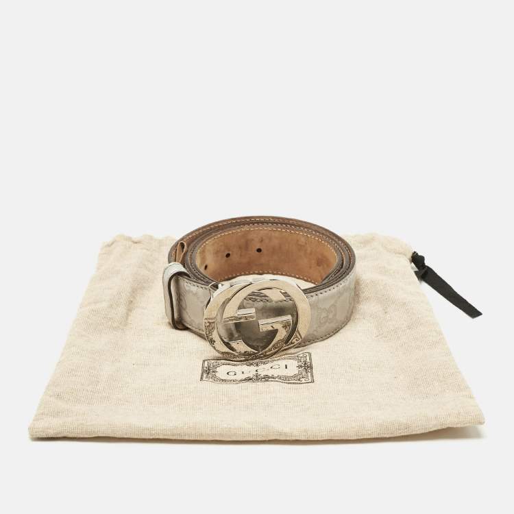 Pre Owned Gucci Silver Guccissima Leather Interlocking G Buckle Belt 85 CM