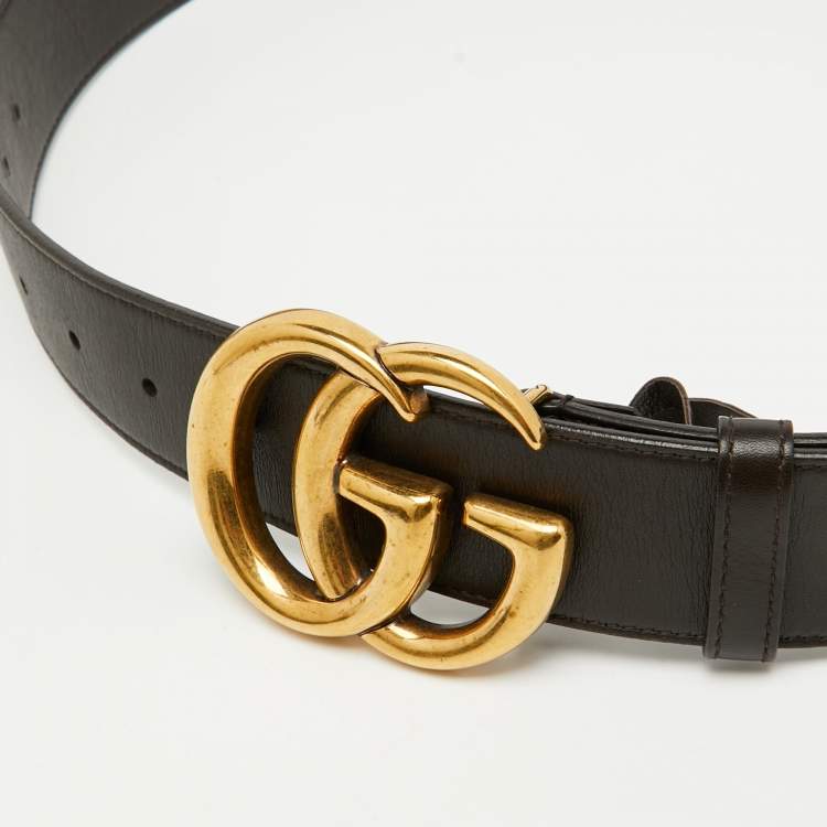 Pre Owned Gucci Dark Brown Leather GG Marmont Buckle Belt 85CM
