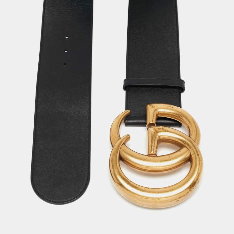 Pre Owned Gucci Black Leather GG Marmont Wide Buckle Belt 75CM
