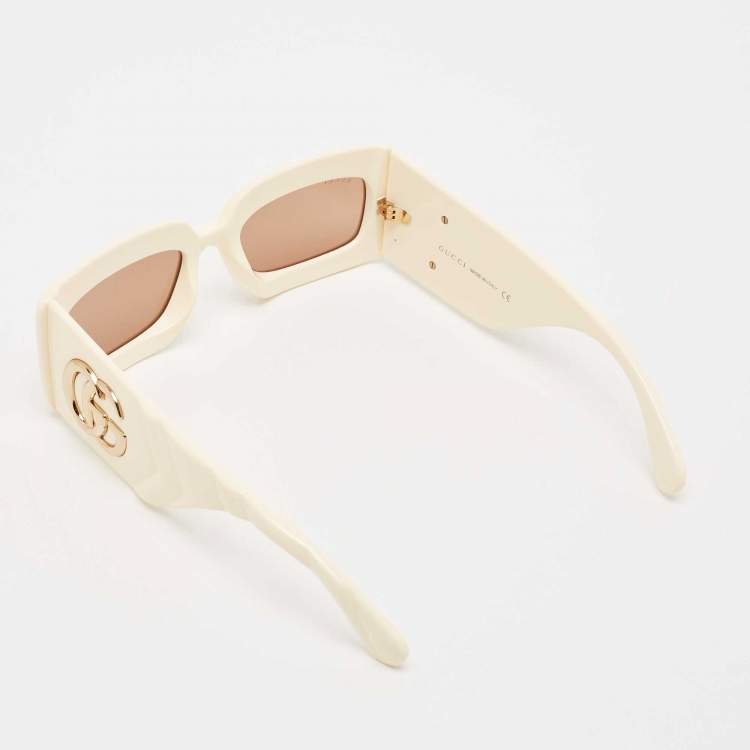 Pre Owned Gucci Cream/Brown GG0811S GG Marmont Rectangular Sunglasses