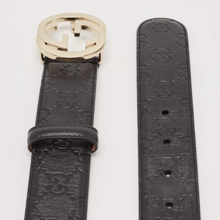 Pre Owned Gucci Black Guccissima Leather Interlocking G Buckle Belt 80 CM