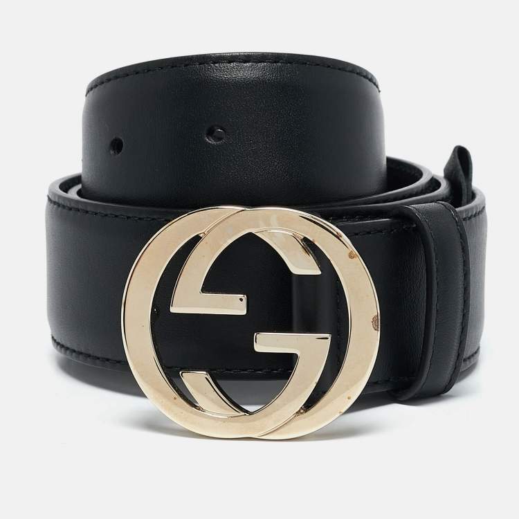 Pre Owned Gucci Black Leather Interlocking G Buckle Belt 80CM