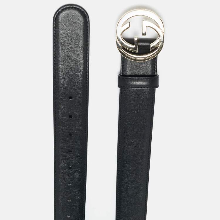 Pre Owned Gucci Black Leather Interlocking G Buckle Belt 80CM