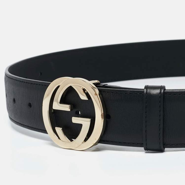 Pre Owned Gucci Black Leather Interlocking G Buckle Belt 80CM