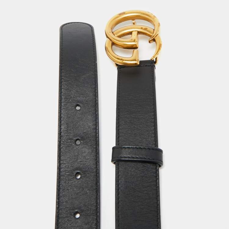Pre Owned Gucci Black Leather Interlocking G Buckle Belt 85CM