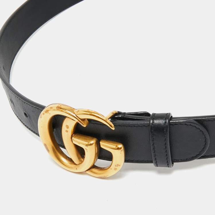 Pre Owned Gucci Black Leather Interlocking G Buckle Belt 85CM