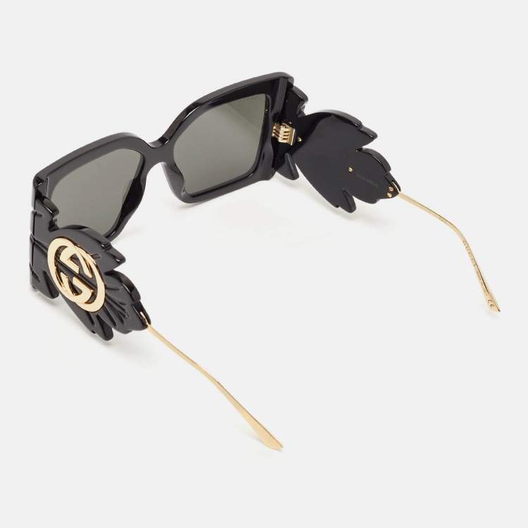 Pre Owned Gucci Black/Gold GG0535S Leaf Motif Oversized Sunglasses