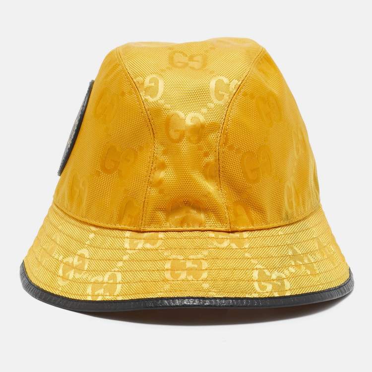 Pre Owned Gucci Yellow Logo Leather Applique GG Canvas Bucket Hat
