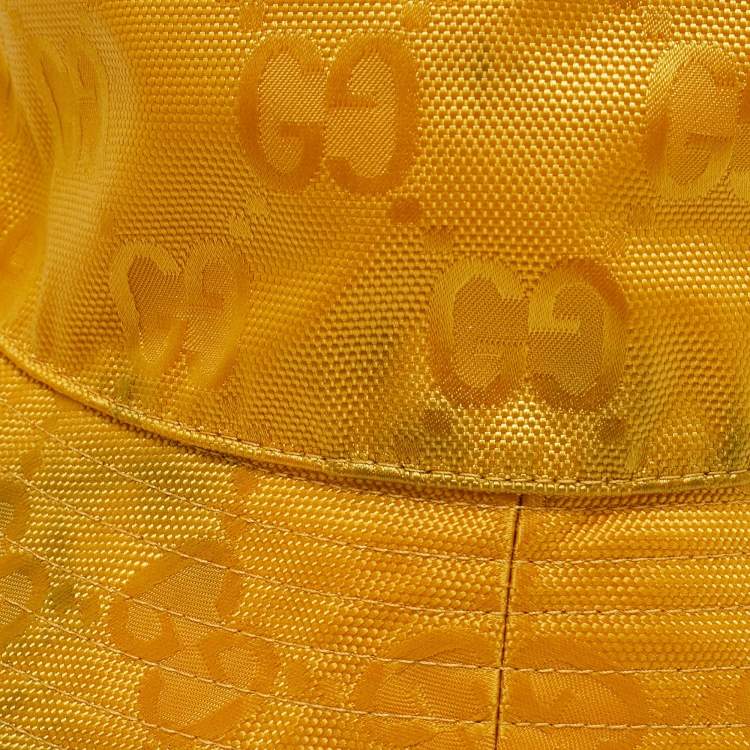 Pre Owned Gucci Yellow Logo Leather Applique GG Canvas Bucket Hat