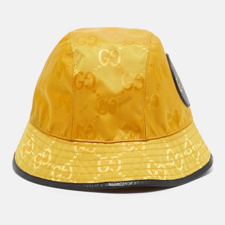 Pre Owned Gucci Yellow Logo Leather Applique GG Canvas Bucket Hat