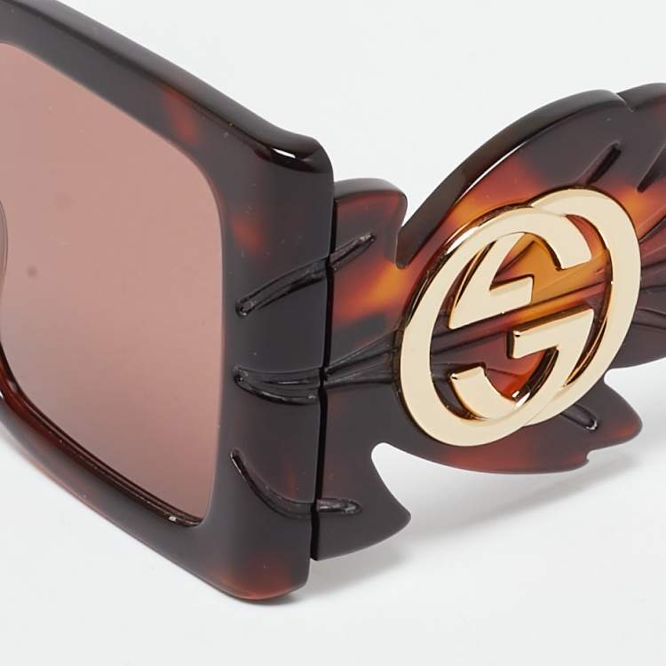 Pre Owned Gucci Tortoise Brown GG0535S Leaf Motif Oversized Sunglasses