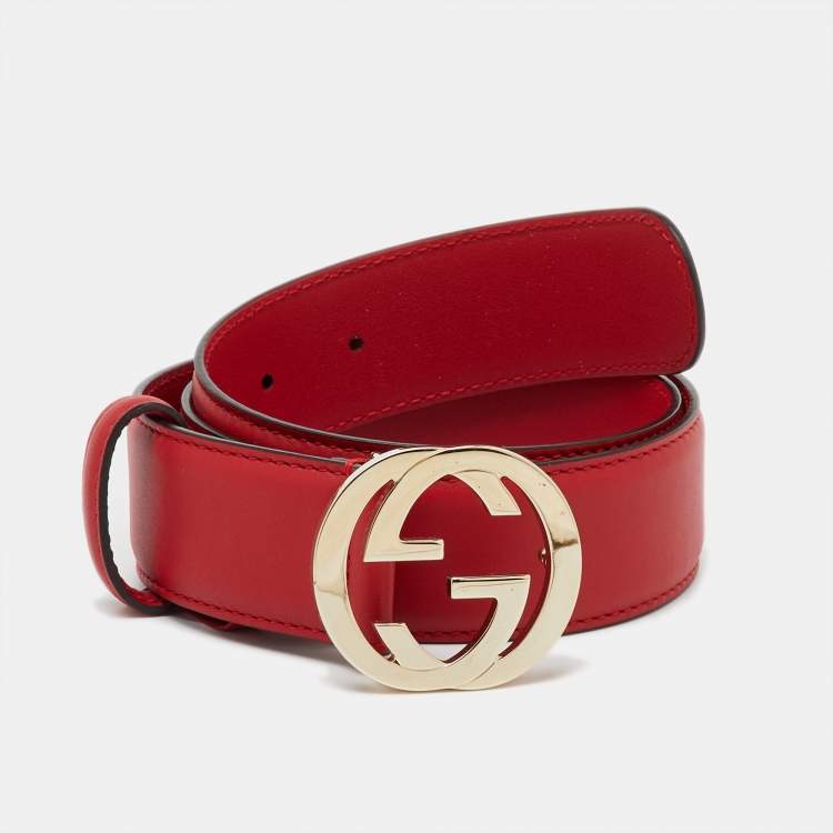 Pre Owned Gucci Red Leather Interlocking G Buckle Belt Size 80CM