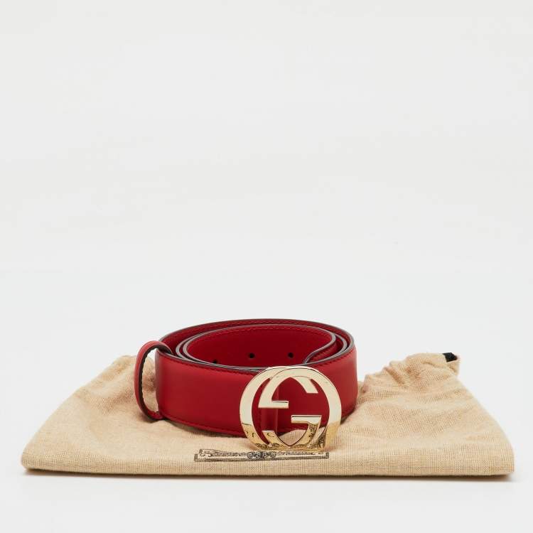 Pre Owned Gucci Red Leather Interlocking G Buckle Belt Size 80CM