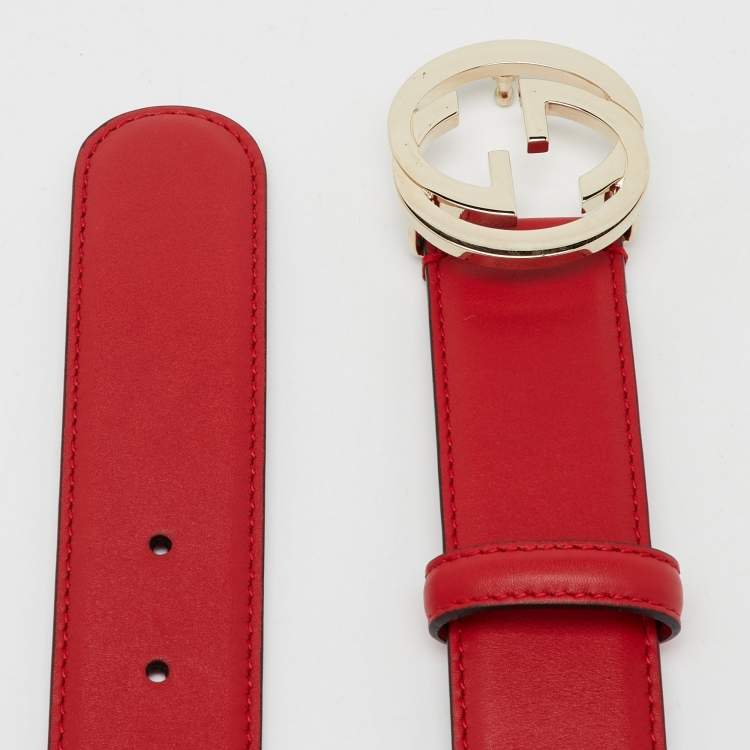 Pre Owned Gucci Red Leather Interlocking G Buckle Belt Size 80CM