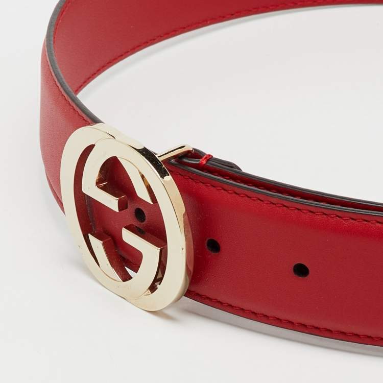 Pre Owned Gucci Red Leather Interlocking G Buckle Belt Size 80CM