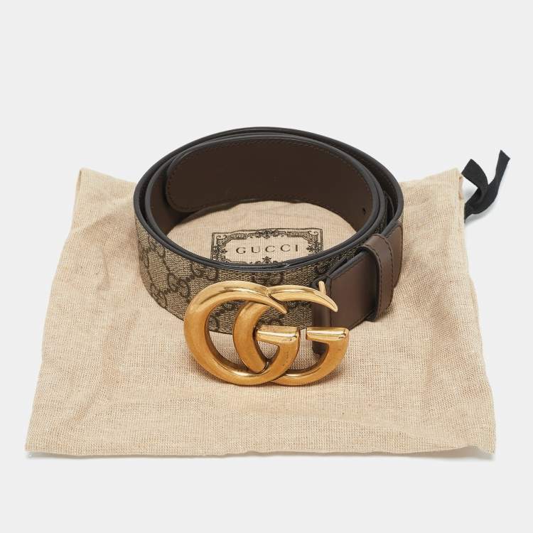 Pre Owned Gucci Beige/Ebony GG Supreme Canvas and Leather Double G Buckle Belt 85 CM