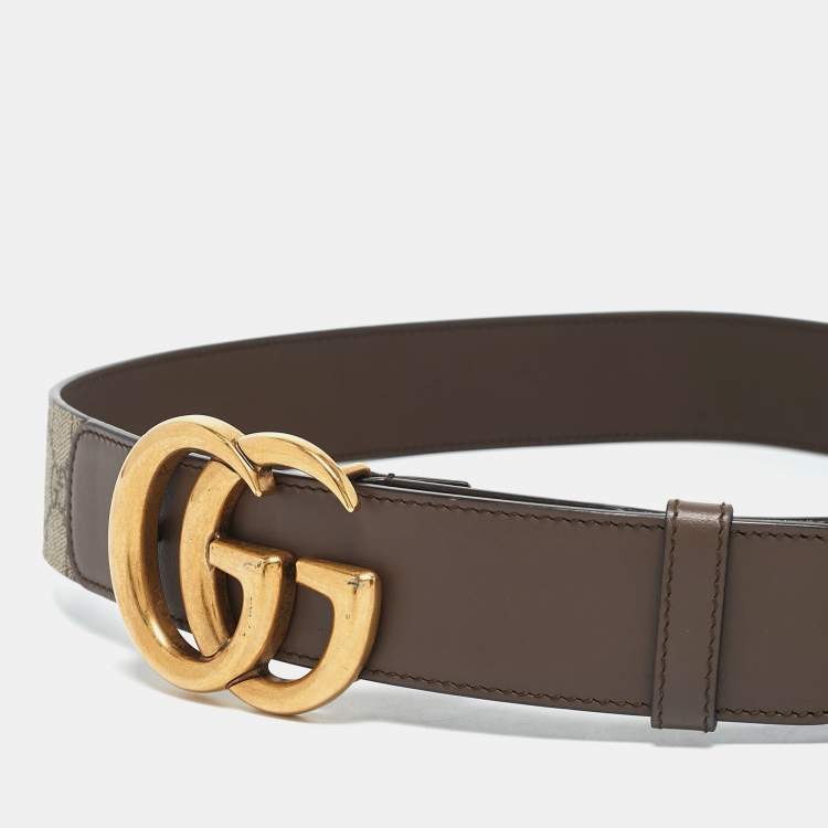 Pre Owned Gucci Beige/Ebony GG Supreme Canvas and Leather Double G Buckle Belt 85 CM